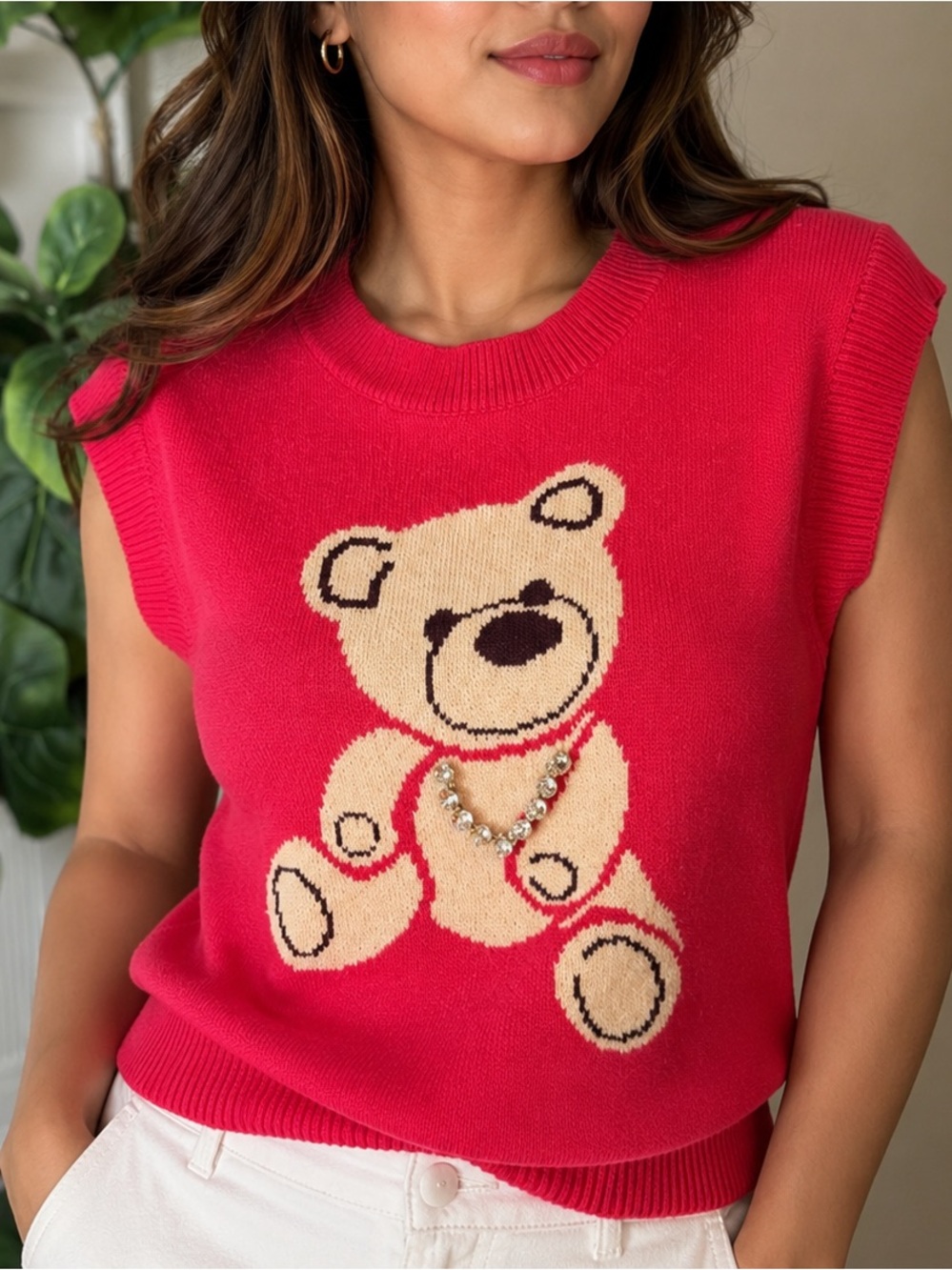 Anthropologie Red Teddy Bear Knit Sleeveless Top